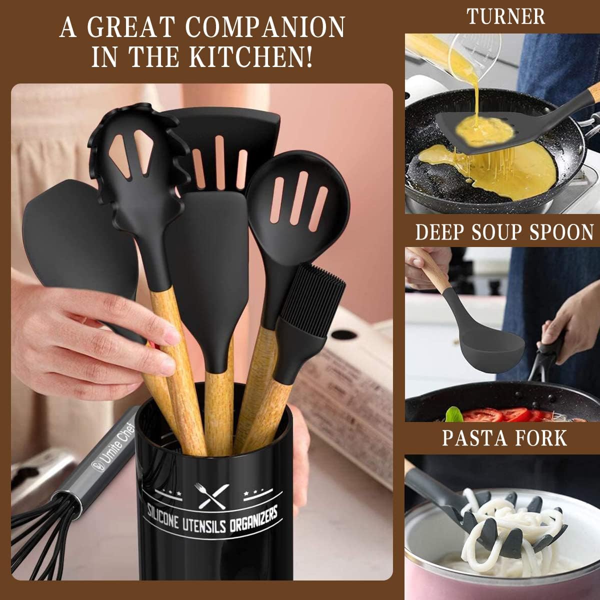 Kitchen Cooking Utensils Set, 33 pcs Non-Stick Silicone Cooking Kitchen Utensils Spatula Set with Holder, Wooden Handle Silicone Kitchen Gadgets Utensil Set (Khaki)