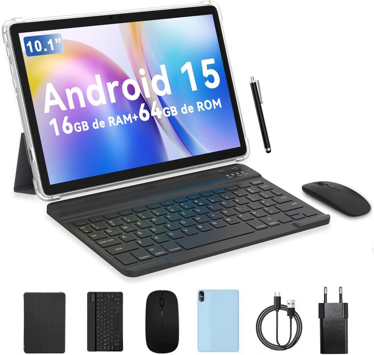 PRITOM 10 Inch Tablet, 6-in-1 Tablets, 16 GB, 64 GB ROM, Android 15, 1024GB Expand,Qcta Core, WiFi 6, 6000 Mah, Tablet PC with Keyboard, Mouse, Case, Grey