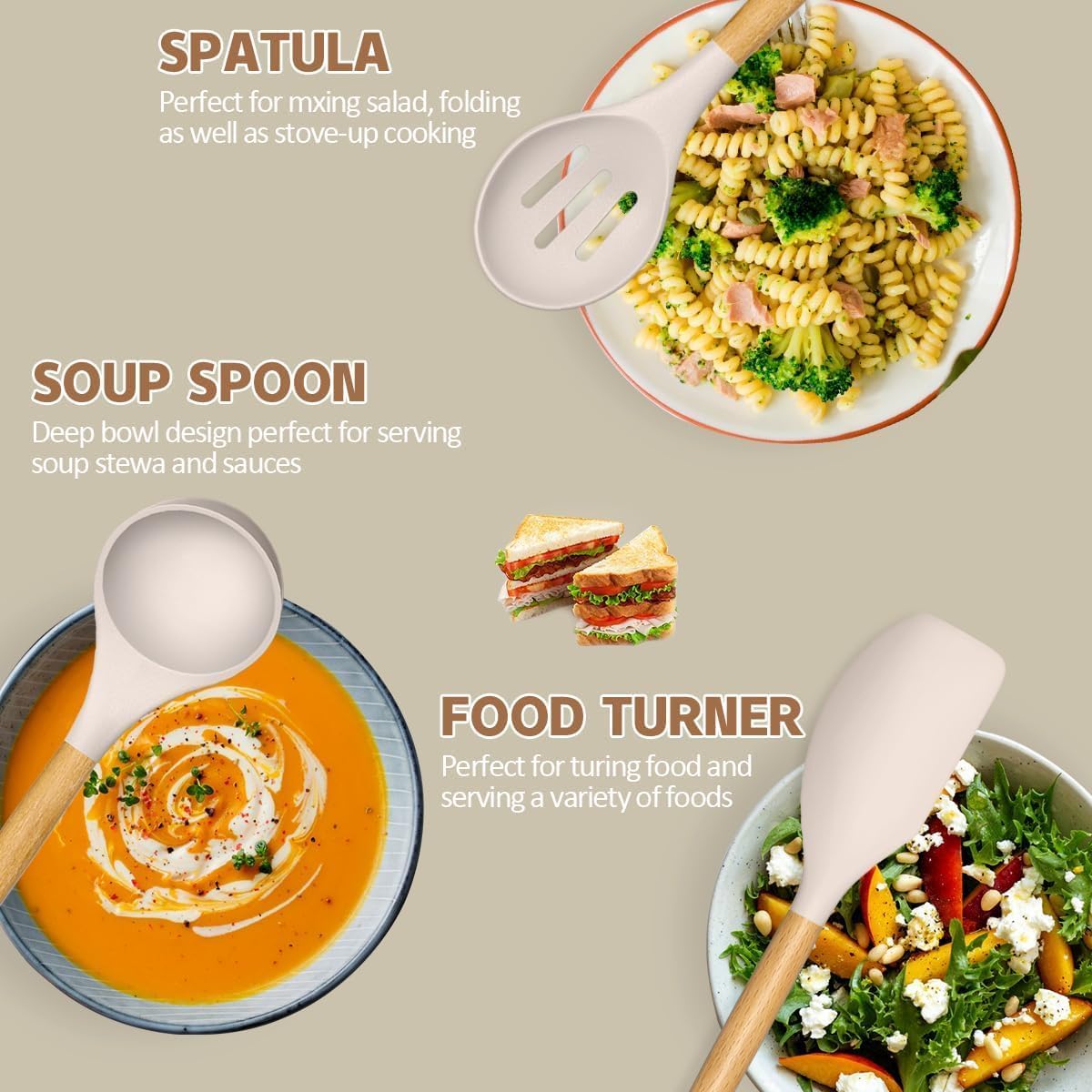 Kitchen Cooking Utensils Set, 33 pcs Non-Stick Silicone Cooking Kitchen Utensils Spatula Set with Holder, Wooden Handle Silicone Kitchen Gadgets Utensil Set (Khaki)