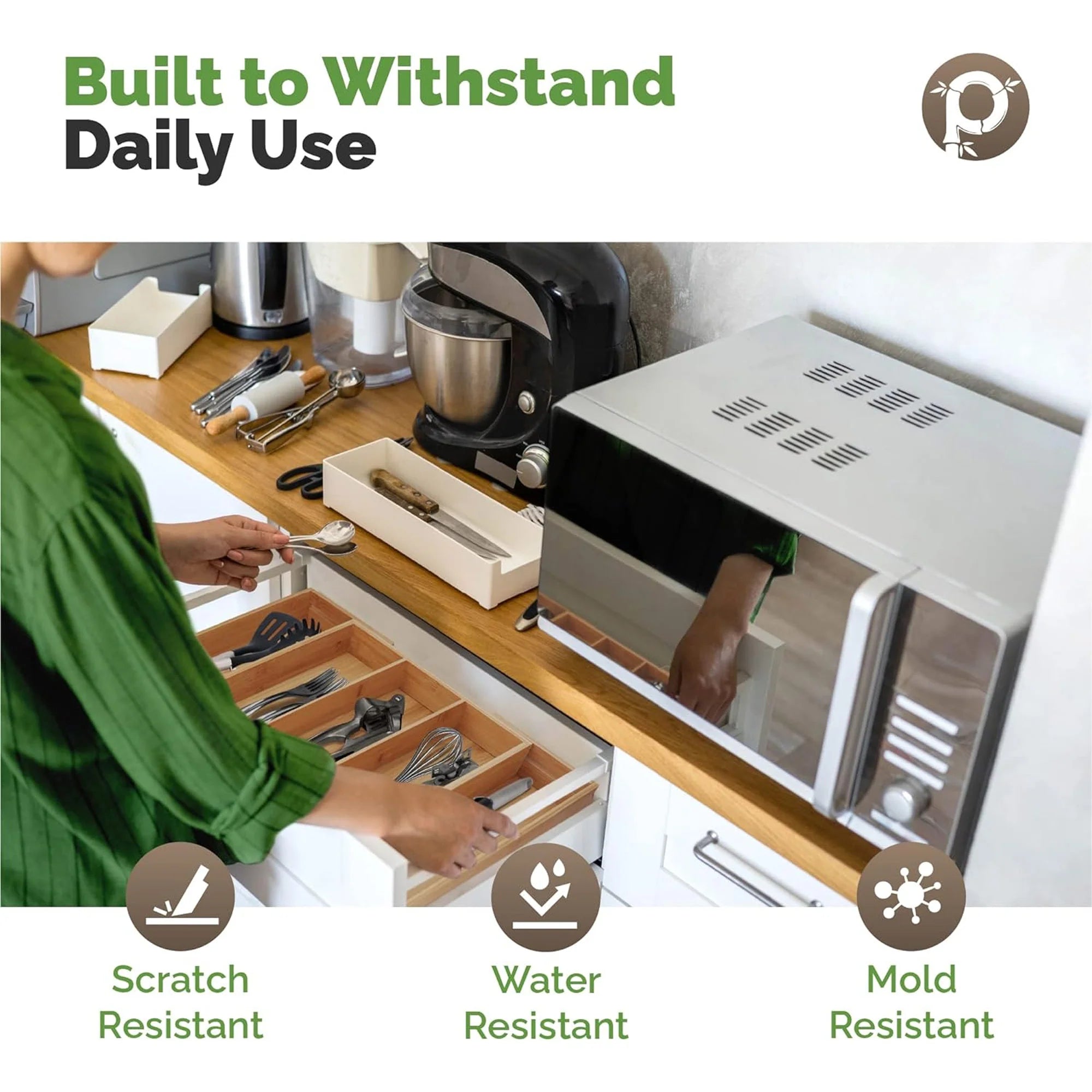 Bamboo Silverware Expandable Adjustable Wooden Divider Tray Organizer, 5 Slots, 17x19.3x2.4 Inches