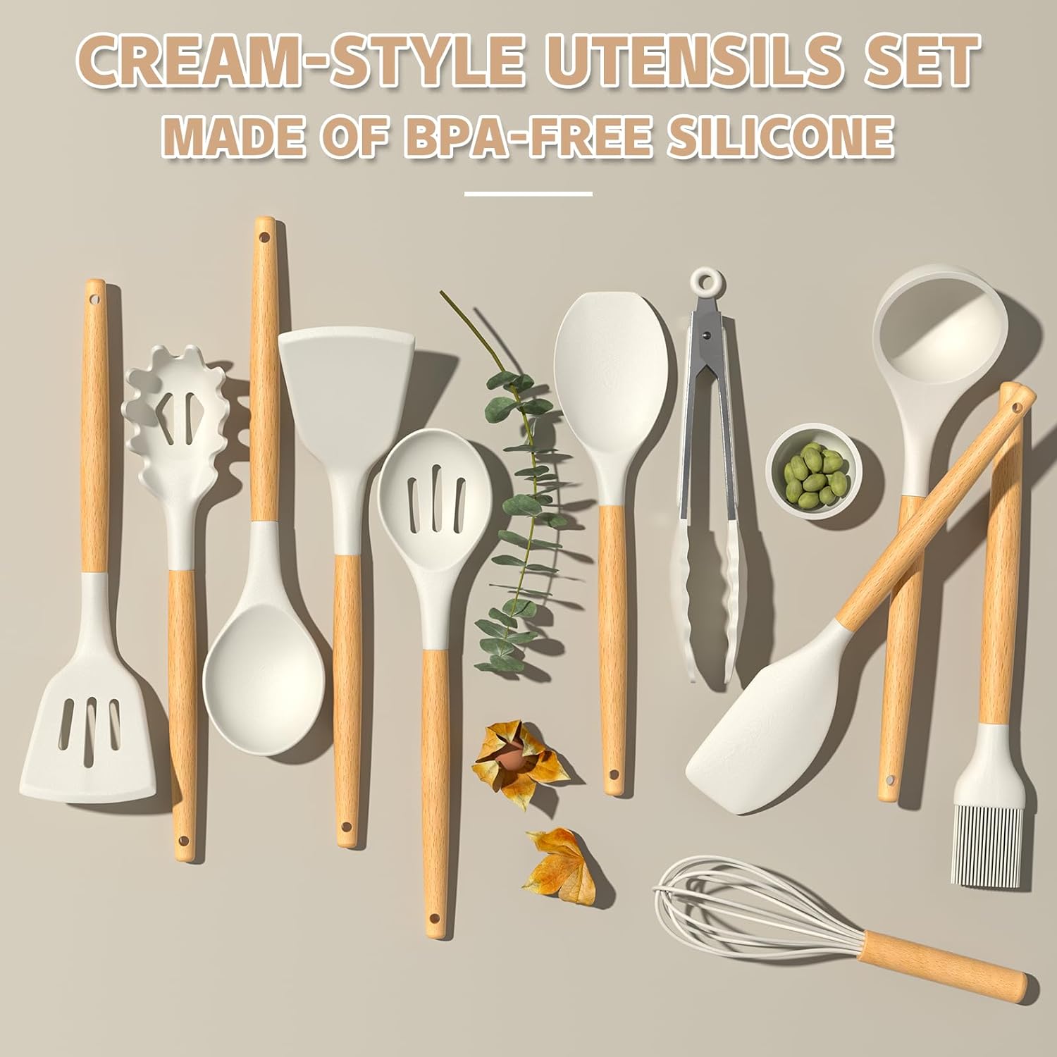 Kitchen Cooking Utensils Set, 33 pcs Non-Stick Silicone Cooking Kitchen Utensils Spatula Set with Holder, Wooden Handle Silicone Kitchen Gadgets Utensil Set (Khaki)