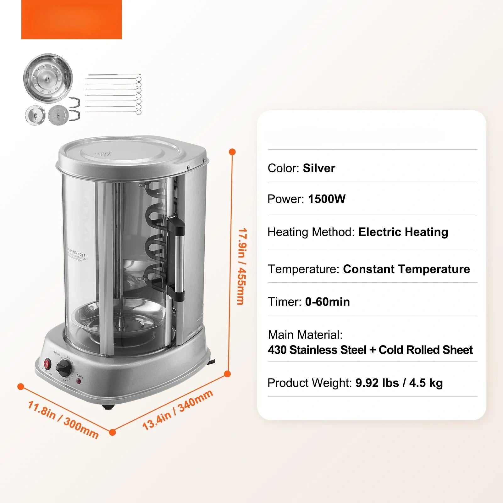 Electric Vertical Shawarma Rotisserie Grill with 360° Rotation & Timer