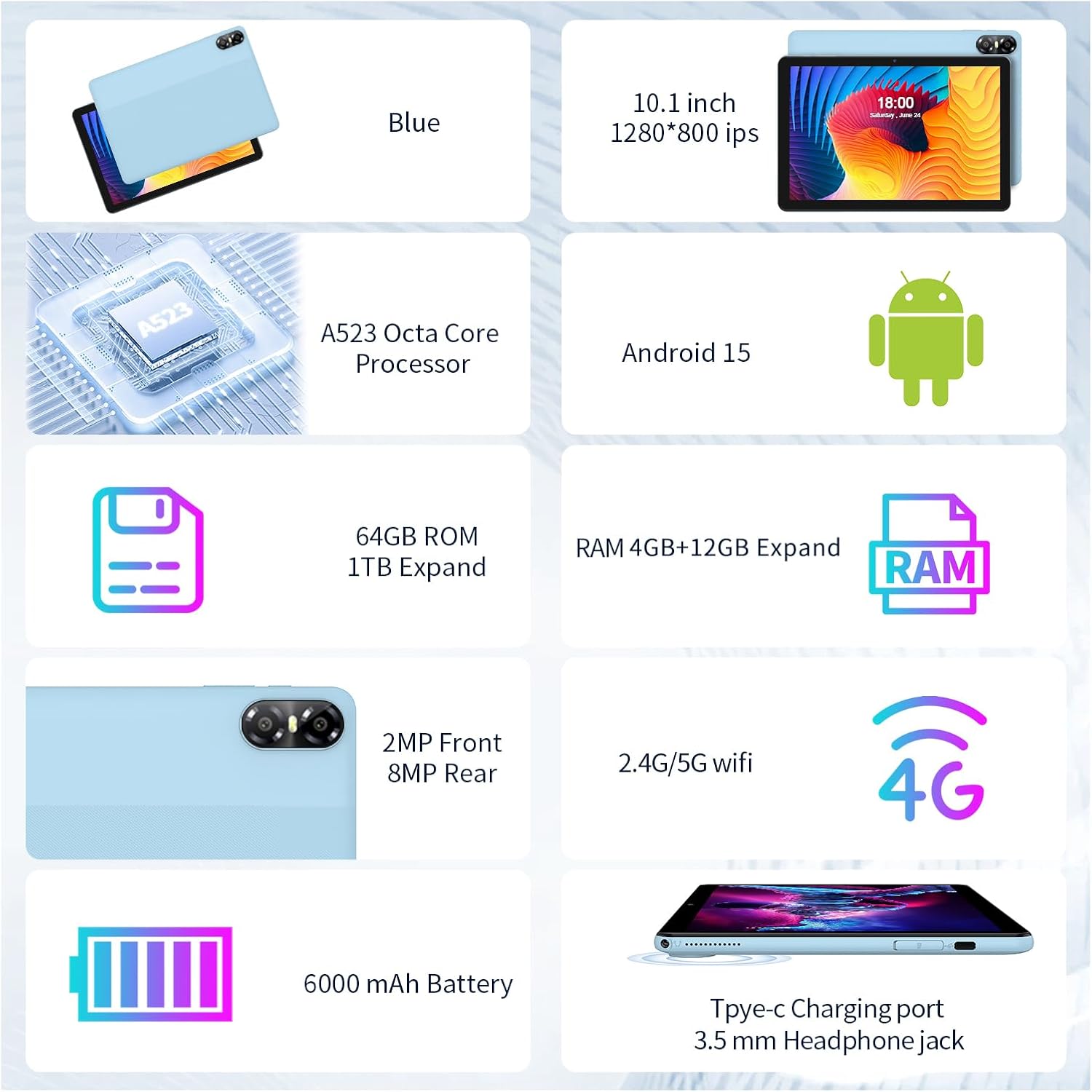 PRITOM 10 Inch Tablet, 6-in-1 Tablets, 16 GB, 64 GB ROM, Android 15, 1024GB Expand,Qcta Core, WiFi 6, 6000 Mah, Tablet PC with Keyboard, Mouse, Case, Grey