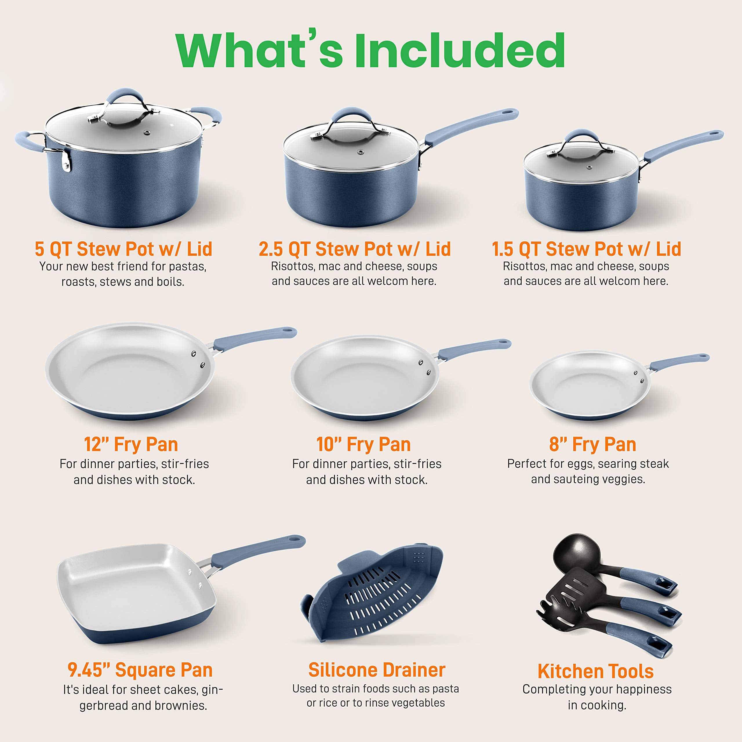 20-Piece Nonstick Kitchen Cookware Bakeware Set - Navy