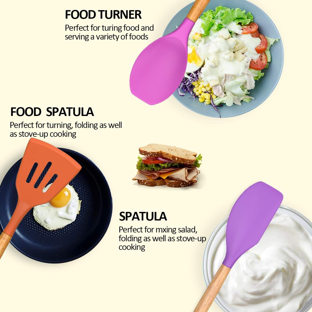 Kitchen Cooking Utensils Set, 33 pcs Non-Stick Silicone Cooking Kitchen Utensils Spatula Set with Holder, Wooden Handle Silicone Kitchen Gadgets Utensil Set (Khaki)