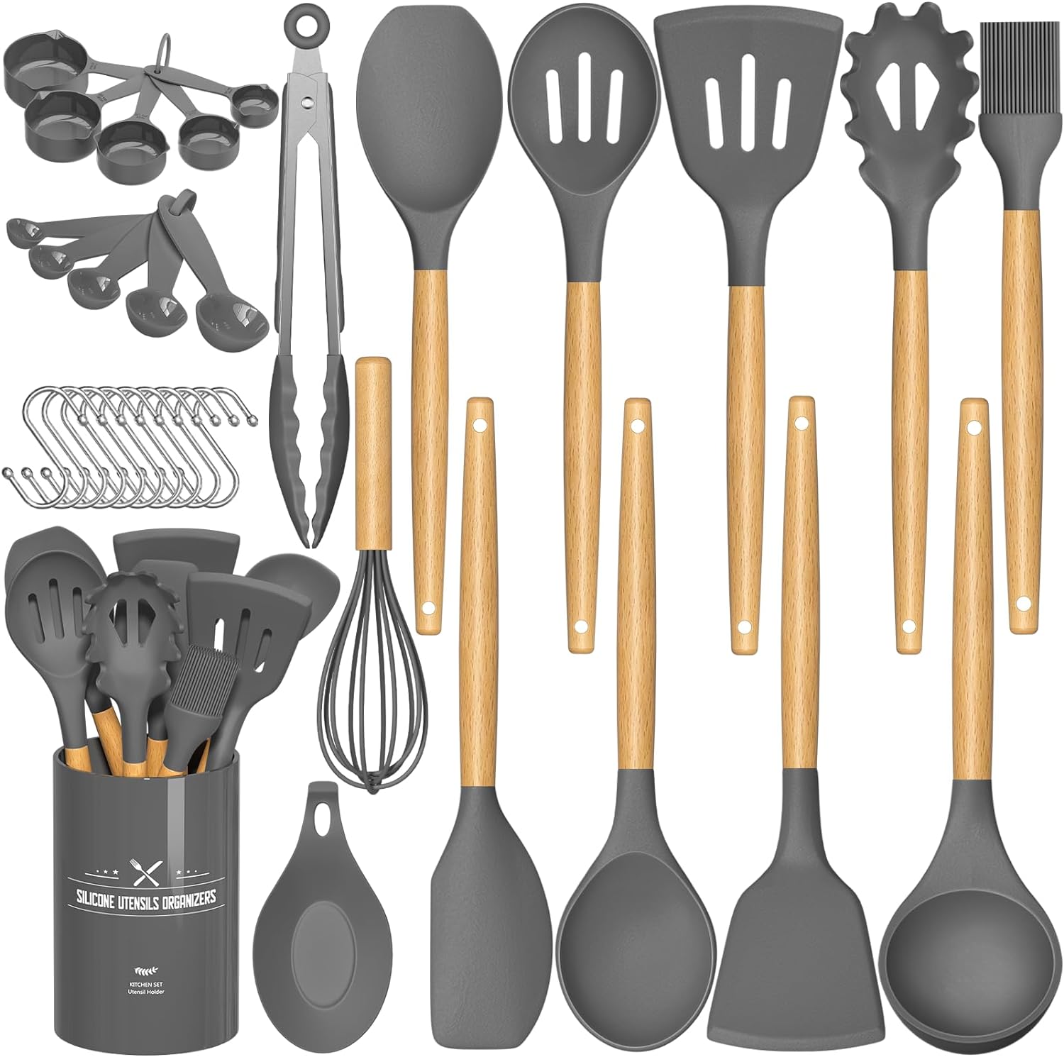 Kitchen Cooking Utensils Set, 33 pcs Non-Stick Silicone Cooking Kitchen Utensils Spatula Set with Holder, Wooden Handle Silicone Kitchen Gadgets Utensil Set (Khaki)