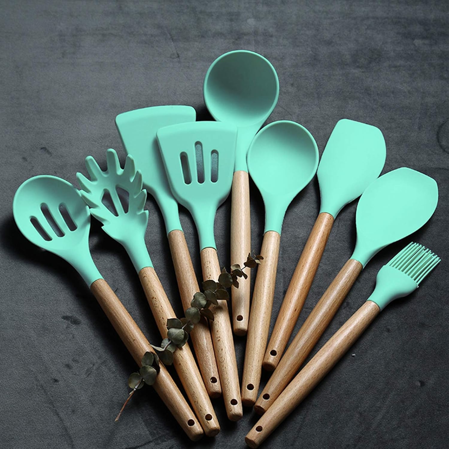 Kitchen Cooking Utensils Set, 33 pcs Non-Stick Silicone Cooking Kitchen Utensils Spatula Set with Holder, Wooden Handle Silicone Kitchen Gadgets Utensil Set (Khaki)