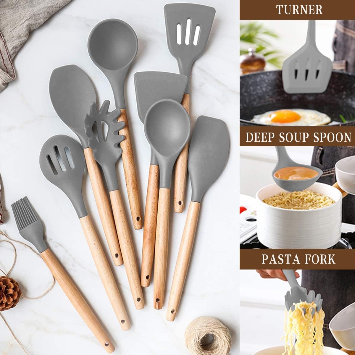 Kitchen Cooking Utensils Set, 33 pcs Non-Stick Silicone Cooking Kitchen Utensils Spatula Set with Holder, Wooden Handle Silicone Kitchen Gadgets Utensil Set (Khaki)