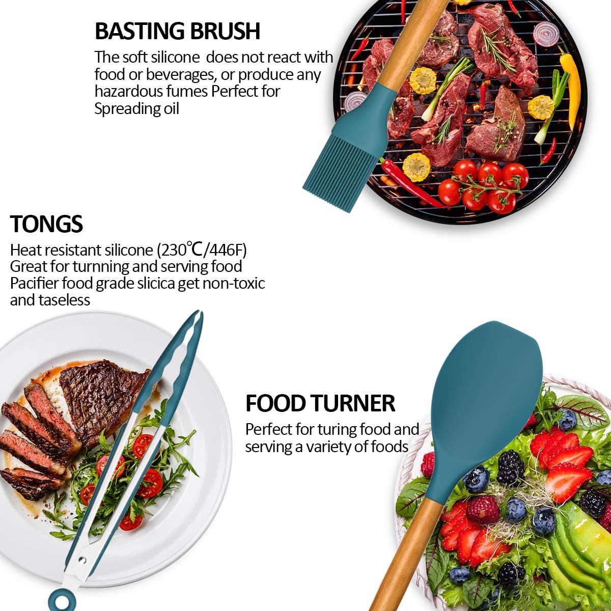 Kitchen Cooking Utensils Set, 33 pcs Non-Stick Silicone Cooking Kitchen Utensils Spatula Set with Holder, Wooden Handle Silicone Kitchen Gadgets Utensil Set (Khaki)