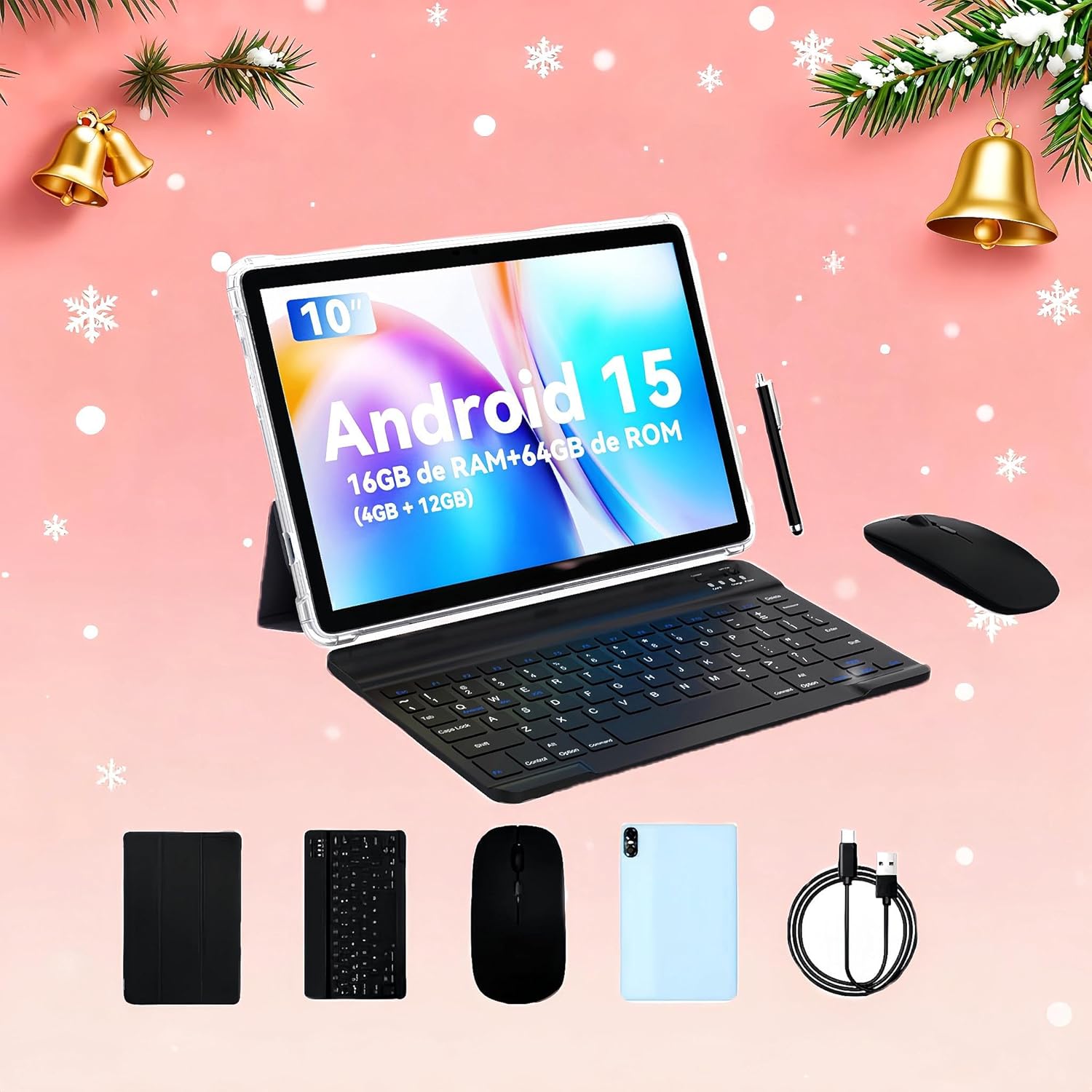 PRITOM 10 Inch Tablet, 6-in-1 Tablets, 16 GB, 64 GB ROM, Android 15, 1024GB Expand,Qcta Core, WiFi 6, 6000 Mah, Tablet PC with Keyboard, Mouse, Case, Grey