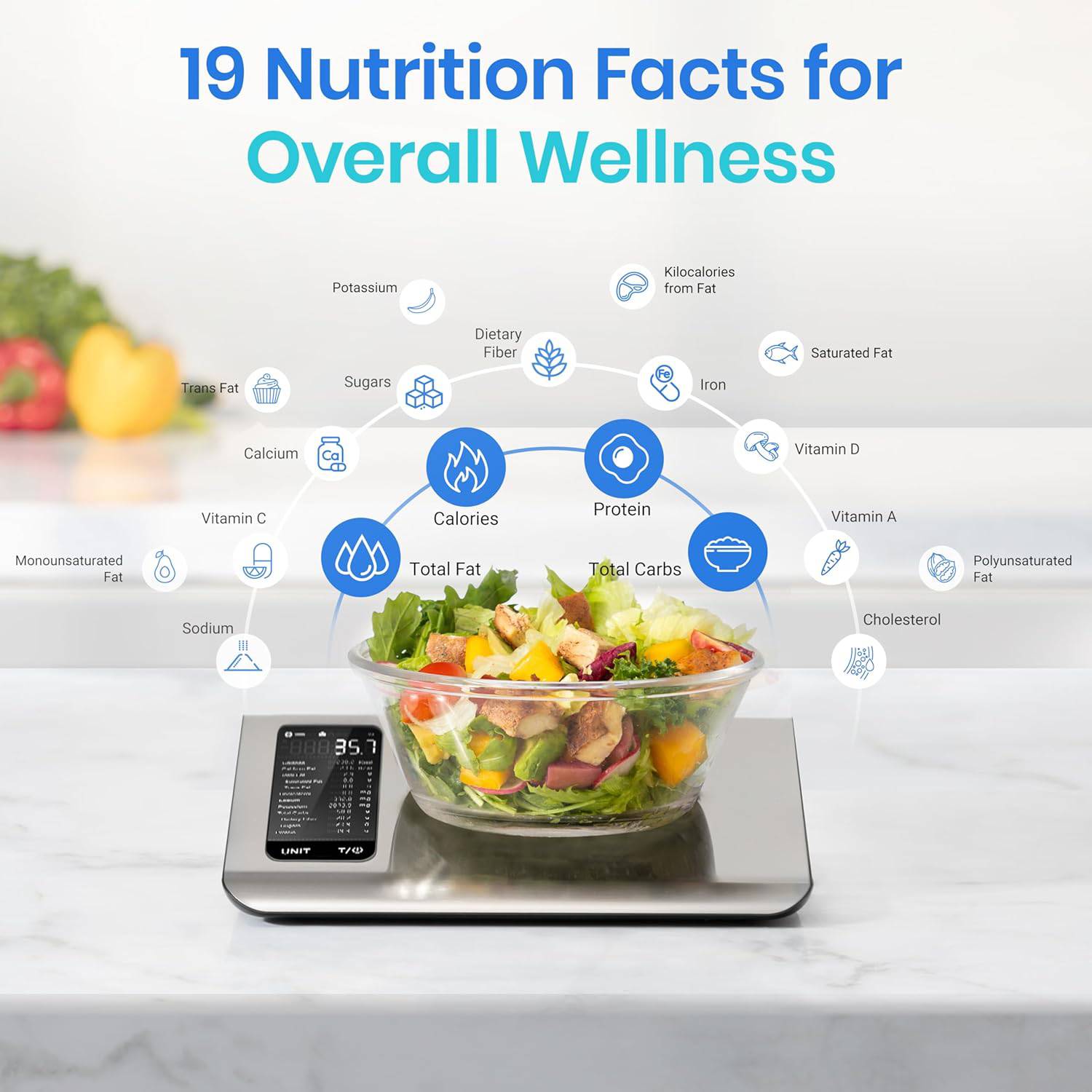 Smart Food Kitchen Scale with Nutritional Calculator, Free App with 19 Nutrients Tracking, Calorie, Marco, Digital grams and ounces for weight loss, Premium Stainless Steel, 11lb