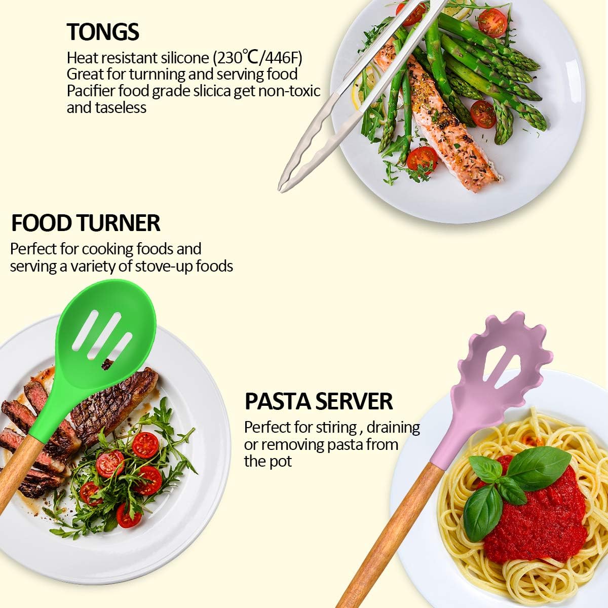 Kitchen Cooking Utensils Set, 33 pcs Non-Stick Silicone Cooking Kitchen Utensils Spatula Set with Holder, Wooden Handle Silicone Kitchen Gadgets Utensil Set (Khaki)