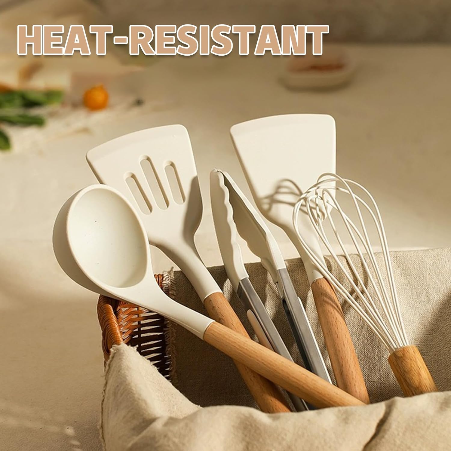 Kitchen Cooking Utensils Set, 33 pcs Non-Stick Silicone Cooking Kitchen Utensils Spatula Set with Holder, Wooden Handle Silicone Kitchen Gadgets Utensil Set (Khaki)