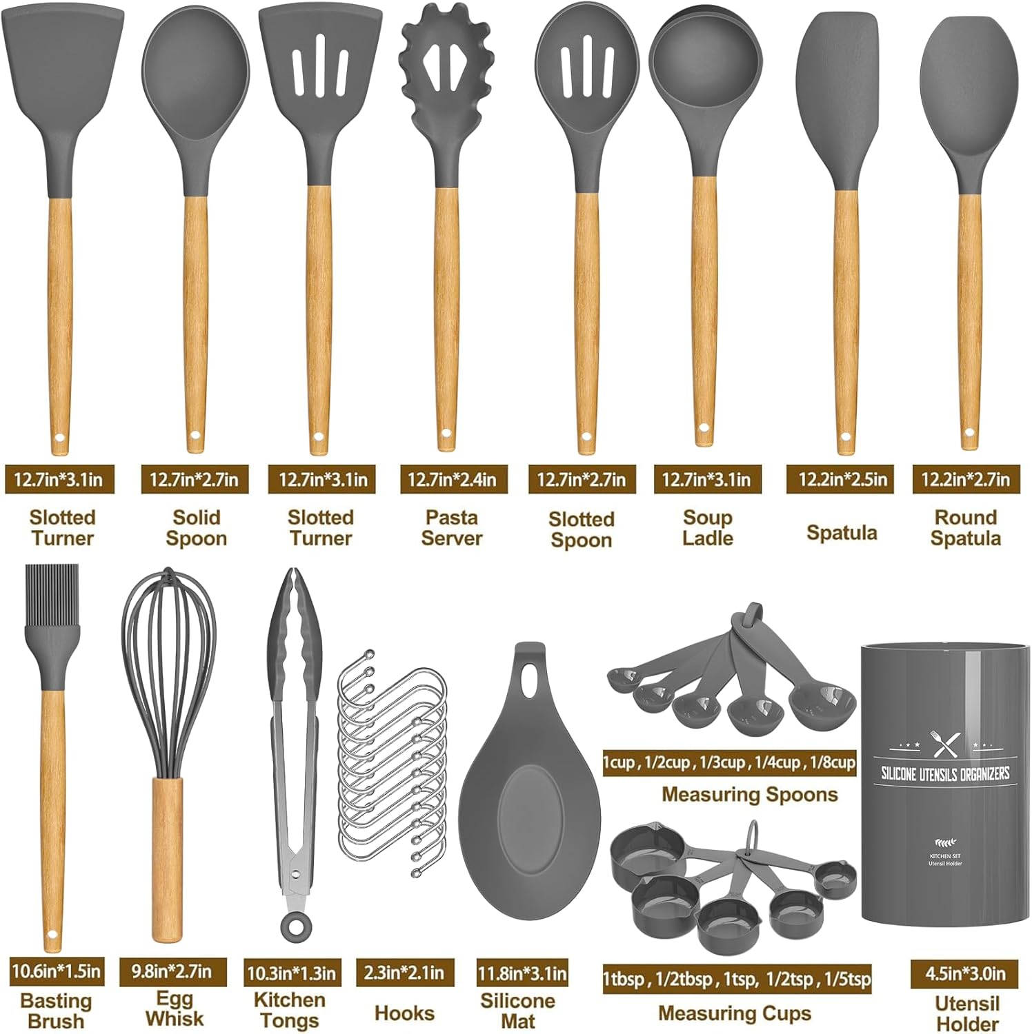 Kitchen Cooking Utensils Set, 33 pcs Non-Stick Silicone Cooking Kitchen Utensils Spatula Set with Holder, Wooden Handle Silicone Kitchen Gadgets Utensil Set (Khaki)