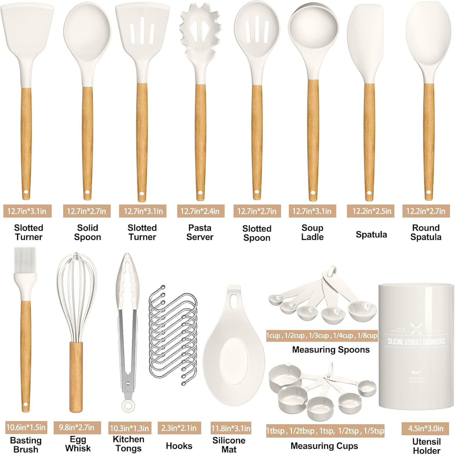 Kitchen Cooking Utensils Set, 33 pcs Non-Stick Silicone Cooking Kitchen Utensils Spatula Set with Holder, Wooden Handle Silicone Kitchen Gadgets Utensil Set (Khaki)