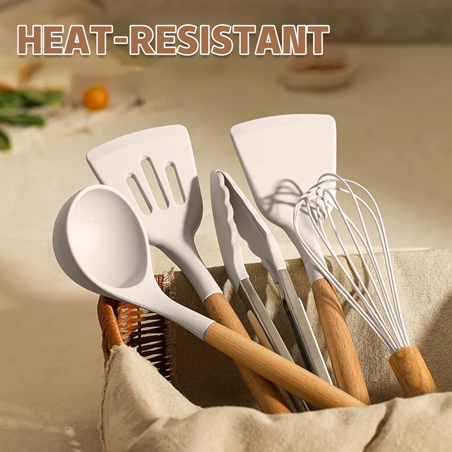Kitchen Cooking Utensils Set, 33 pcs Non-Stick Silicone Cooking Kitchen Utensils Spatula Set with Holder, Wooden Handle Silicone Kitchen Gadgets Utensil Set (Khaki)