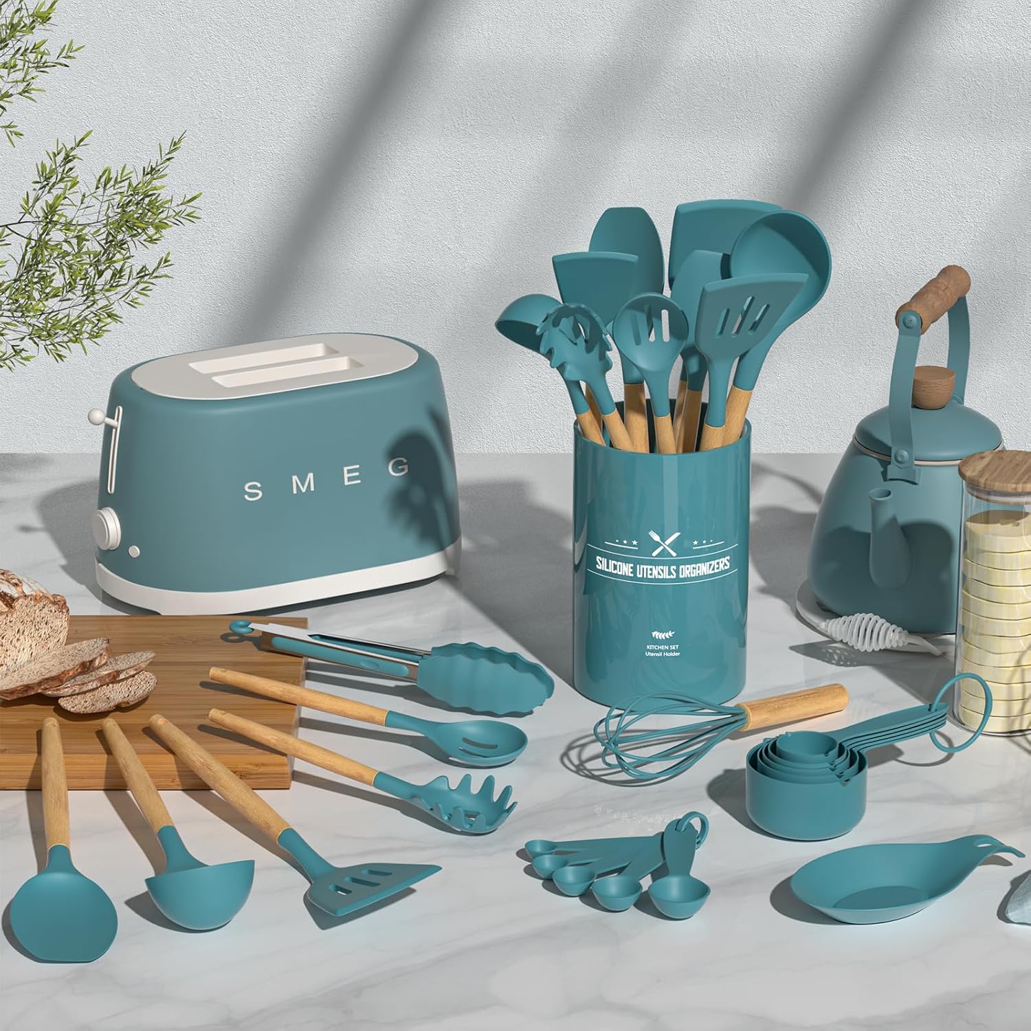 Kitchen Cooking Utensils Set, 33 pcs Non-Stick Silicone Cooking Kitchen Utensils Spatula Set with Holder, Wooden Handle Silicone Kitchen Gadgets Utensil Set (Khaki)