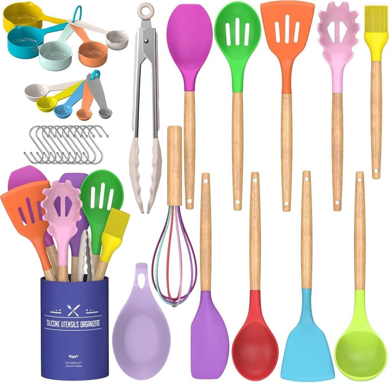 Kitchen Cooking Utensils Set, 33 pcs Non-Stick Silicone Cooking Kitchen Utensils Spatula Set with Holder, Wooden Handle Silicone Kitchen Gadgets Utensil Set (Khaki)
