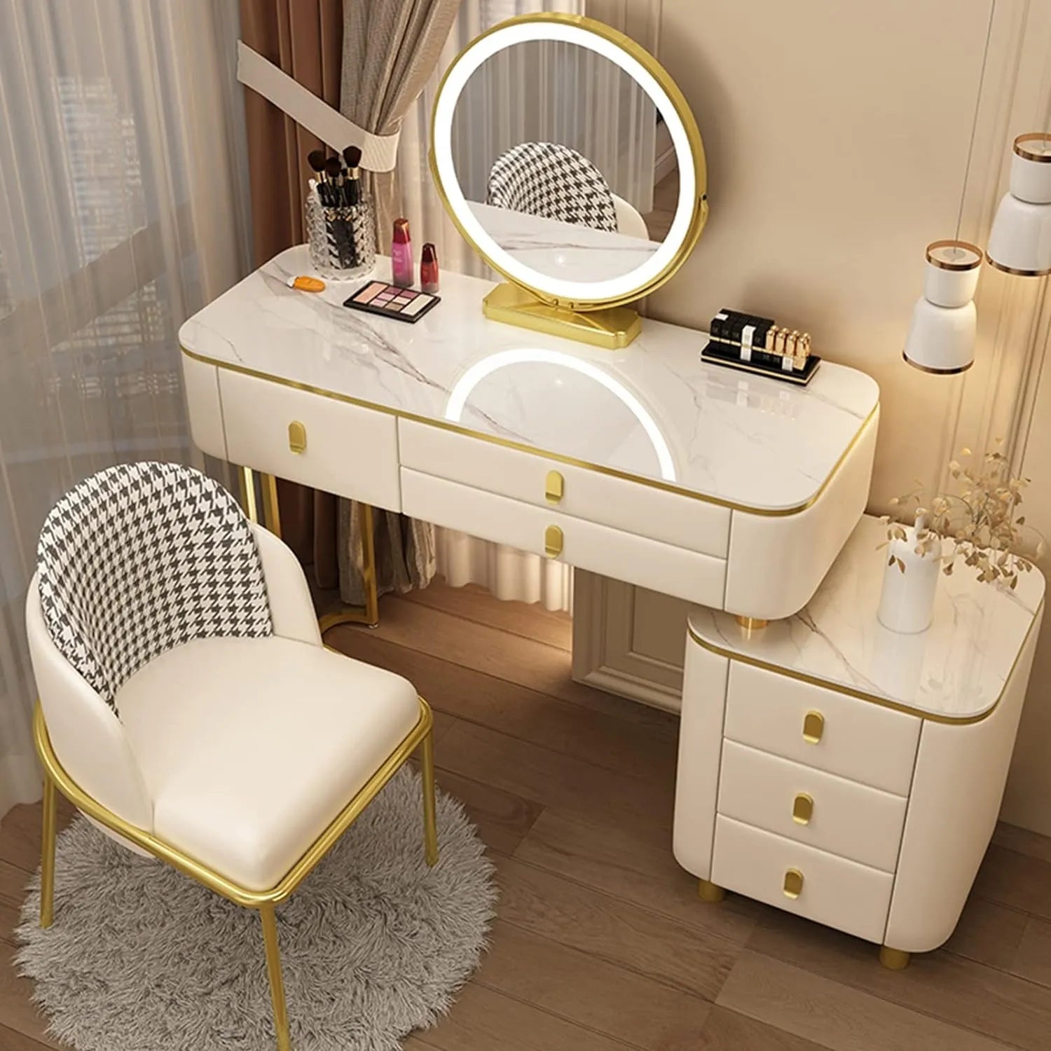 BUJOG Dressing Table with Lighted Mirror, Dressing Table with Padded Stool and 6 Drawers, Dressing Table Set with 3 Colour Lighting Modes, Storage Shelves for Girls and Women Bedrooms