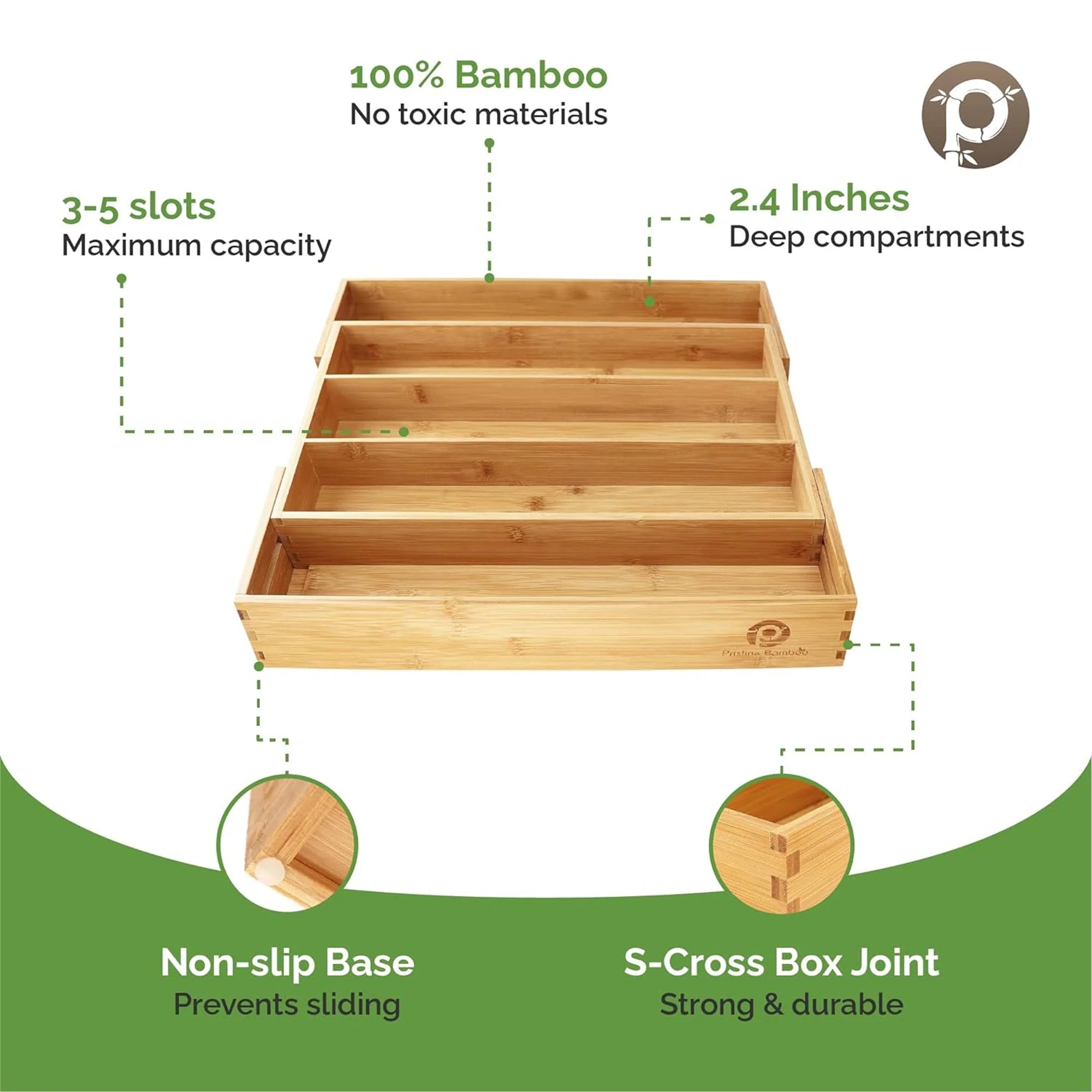 Bamboo Silverware Expandable Adjustable Wooden Divider Tray Organizer, 5 Slots, 17x19.3x2.4 Inches
