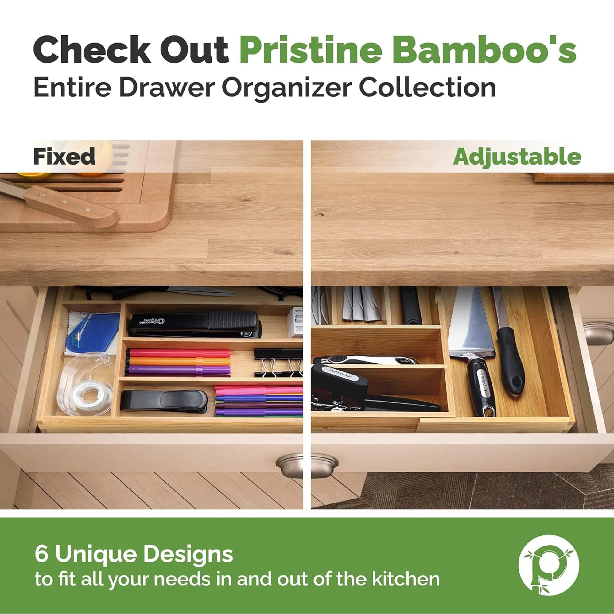 Bamboo Silverware Expandable Adjustable Wooden Divider Tray Organizer, 5 Slots, 17x19.3x2.4 Inches