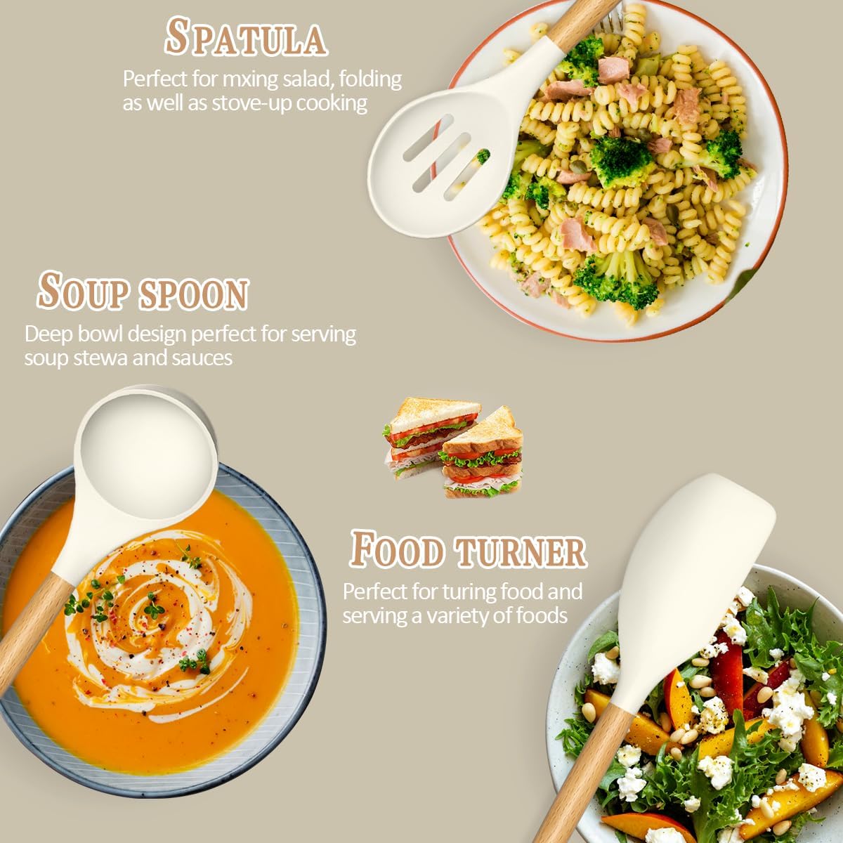 Kitchen Cooking Utensils Set, 33 pcs Non-Stick Silicone Cooking Kitchen Utensils Spatula Set with Holder, Wooden Handle Silicone Kitchen Gadgets Utensil Set (Khaki)