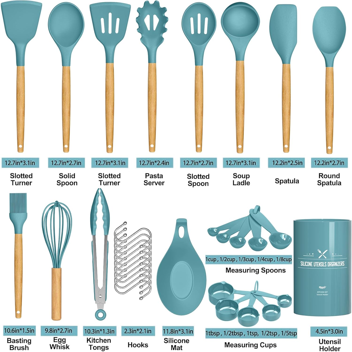 Kitchen Cooking Utensils Set, 33 pcs Non-Stick Silicone Cooking Kitchen Utensils Spatula Set with Holder, Wooden Handle Silicone Kitchen Gadgets Utensil Set (Khaki)