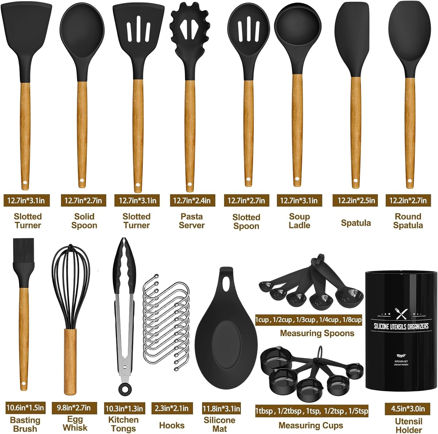 Kitchen Cooking Utensils Set, 33 pcs Non-Stick Silicone Cooking Kitchen Utensils Spatula Set with Holder, Wooden Handle Silicone Kitchen Gadgets Utensil Set (Khaki)