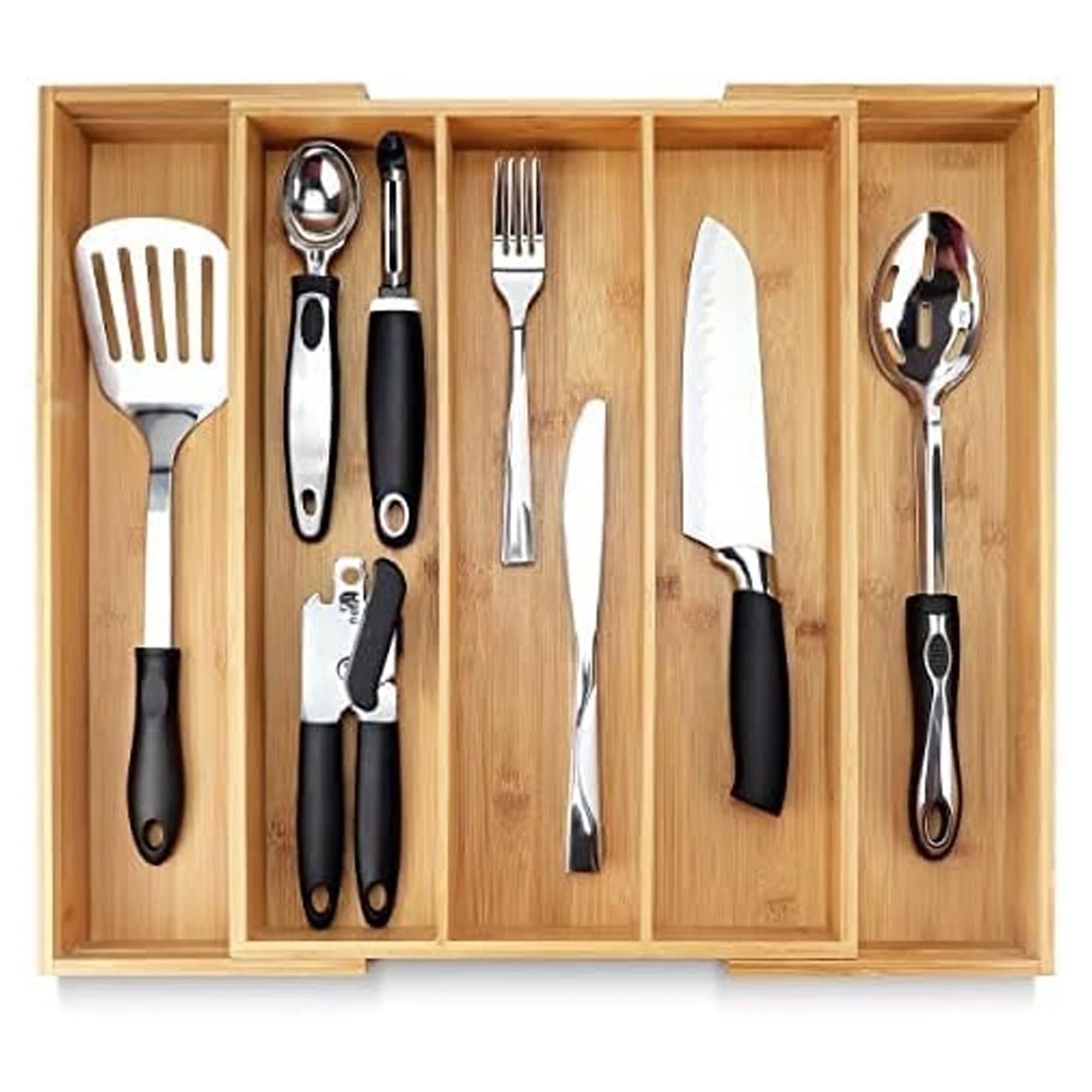 Bamboo Silverware Expandable Adjustable Wooden Divider Tray Organizer, 5 Slots, 17x19.3x2.4 Inches