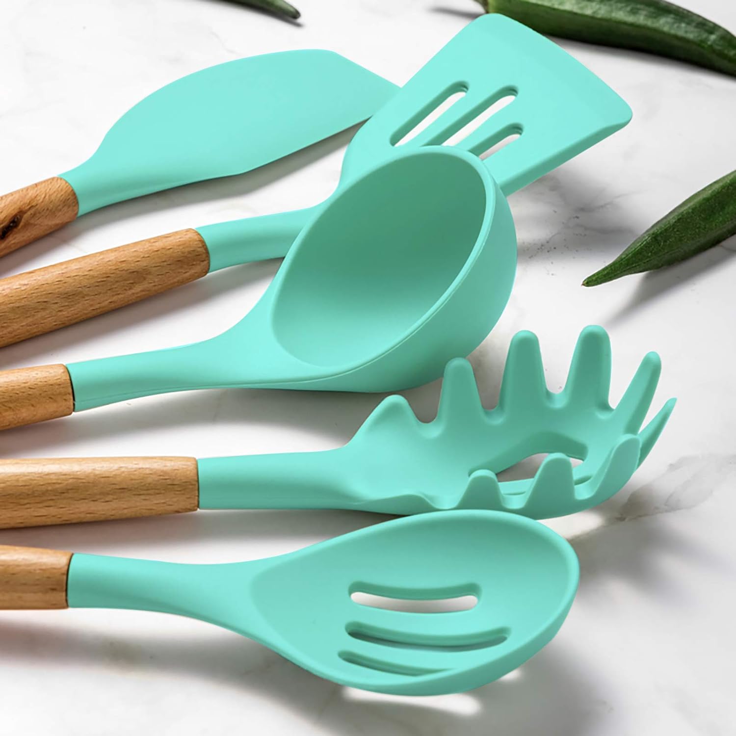 Kitchen Cooking Utensils Set, 33 pcs Non-Stick Silicone Cooking Kitchen Utensils Spatula Set with Holder, Wooden Handle Silicone Kitchen Gadgets Utensil Set (Khaki)