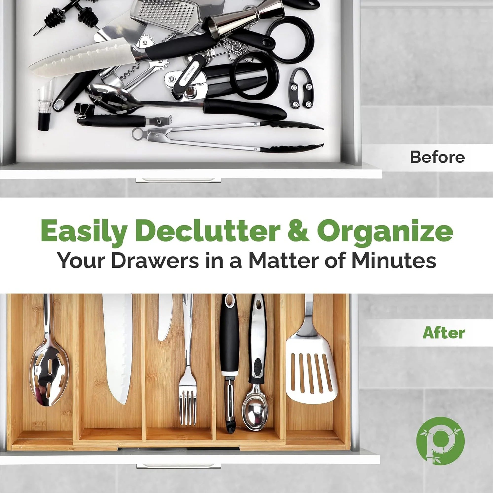 Bamboo Silverware Expandable Adjustable Wooden Divider Tray Organizer, 5 Slots, 17x19.3x2.4 Inches