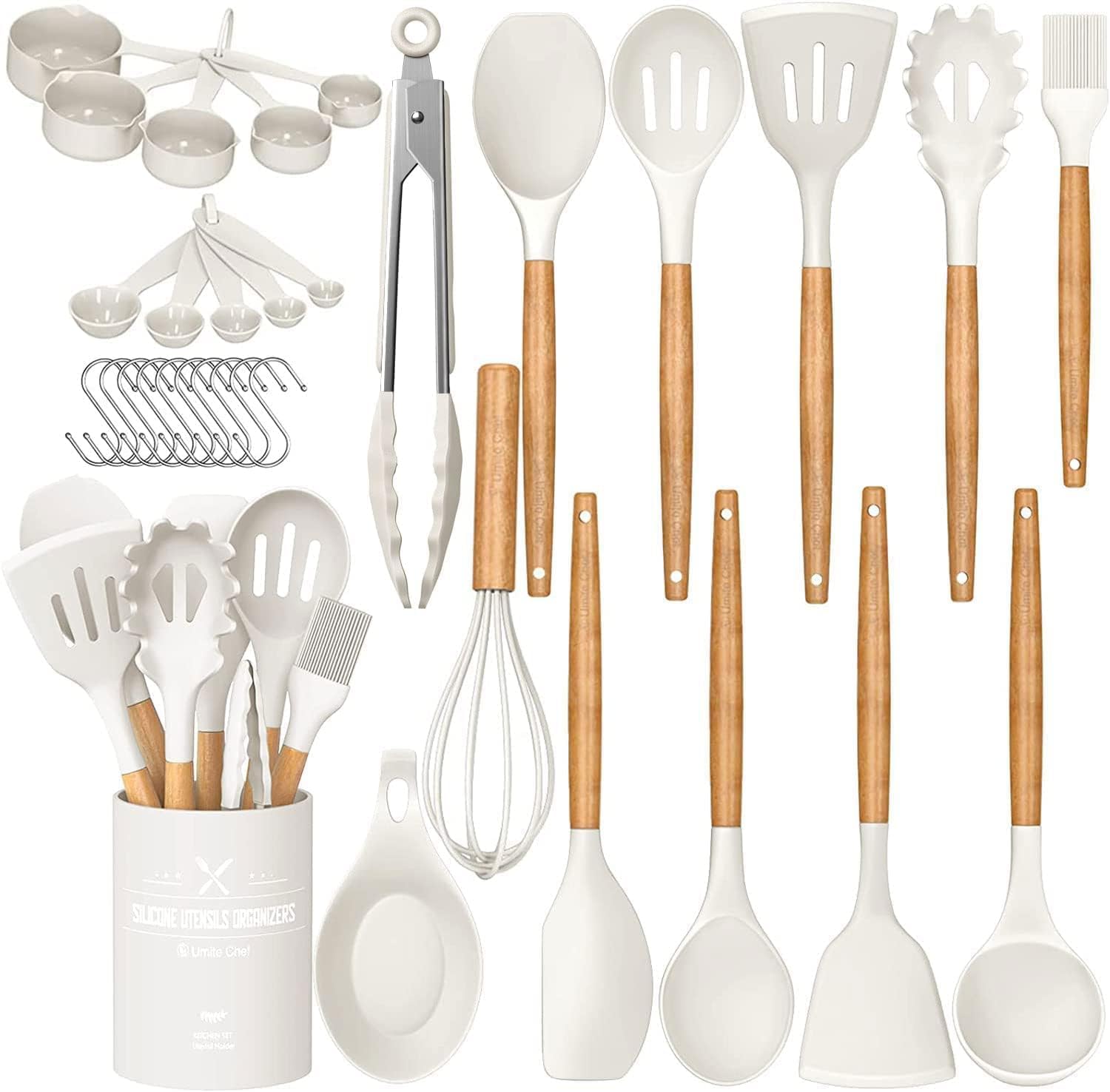 Kitchen Cooking Utensils Set, 33 pcs Non-Stick Silicone Cooking Kitchen Utensils Spatula Set with Holder, Wooden Handle Silicone Kitchen Gadgets Utensil Set (Khaki)