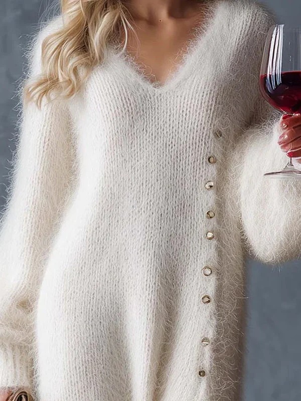 Cozy Knit V Neck Pearl Button Slit Sweater Dress (Buy 2 Free Shipping)