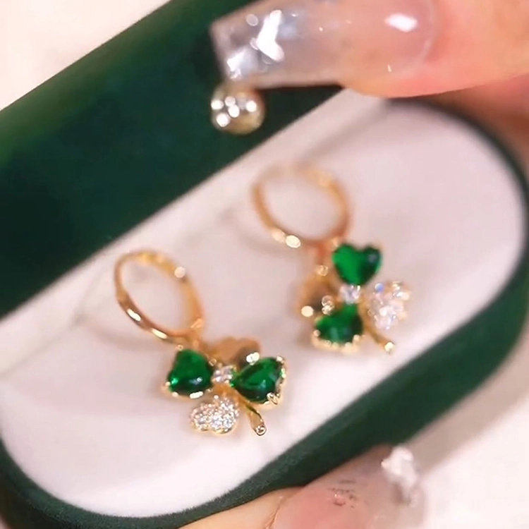 Gold-Plated Green Crystal Clover Earrings with Zircon Accents