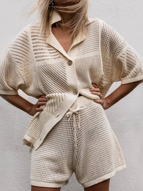 Relaxed Open Knit Longline Button Front Two Piece Set