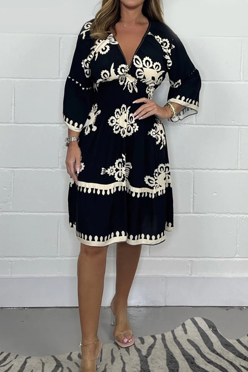 Tribal Embroidered Smocked Waist V-Neck Knee Dress 