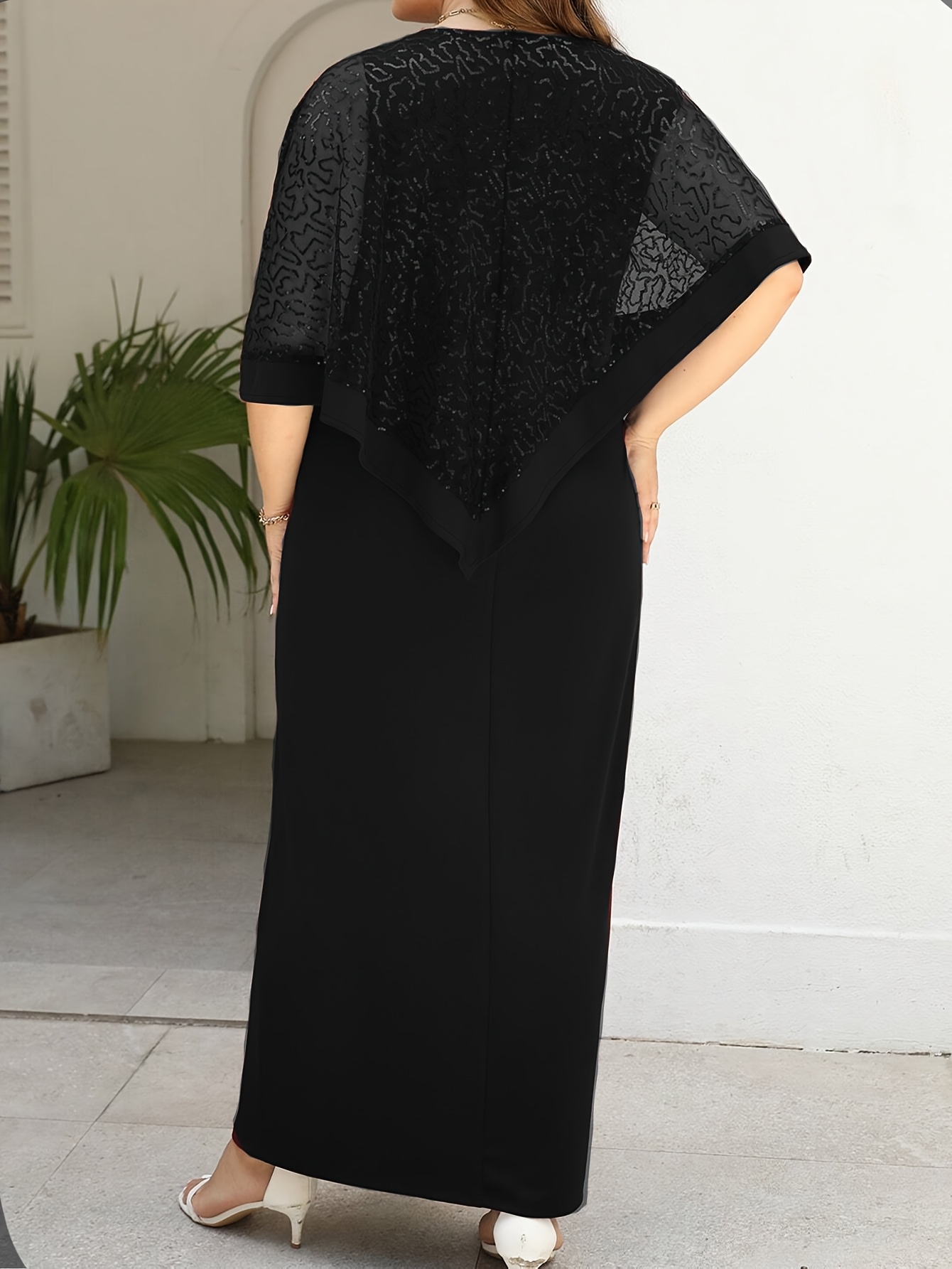 Elegant Sequin Mesh Overlay Slit Maxi Dress (Buy 2 Free Shipping)