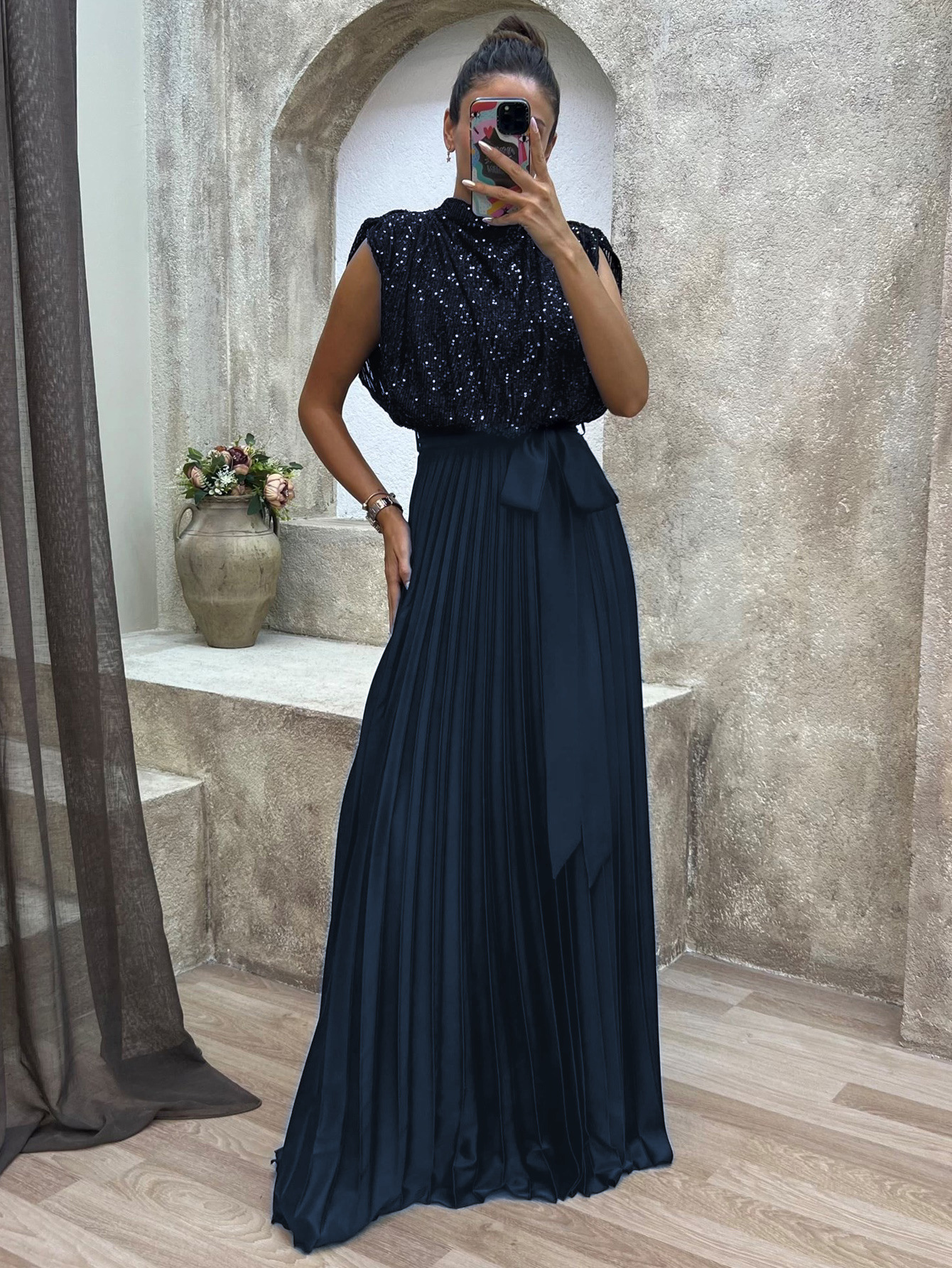 Elegant Sequin High Neck Backless Pleated Maxi Dress (Buy 2 Free Shipping)