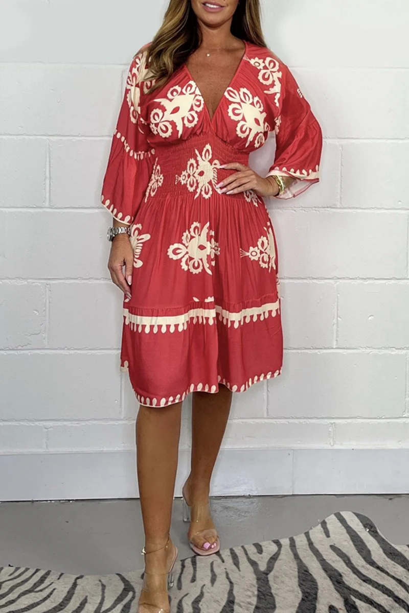 Tribal Embroidered Smocked Waist V-Neck Knee Dress 
