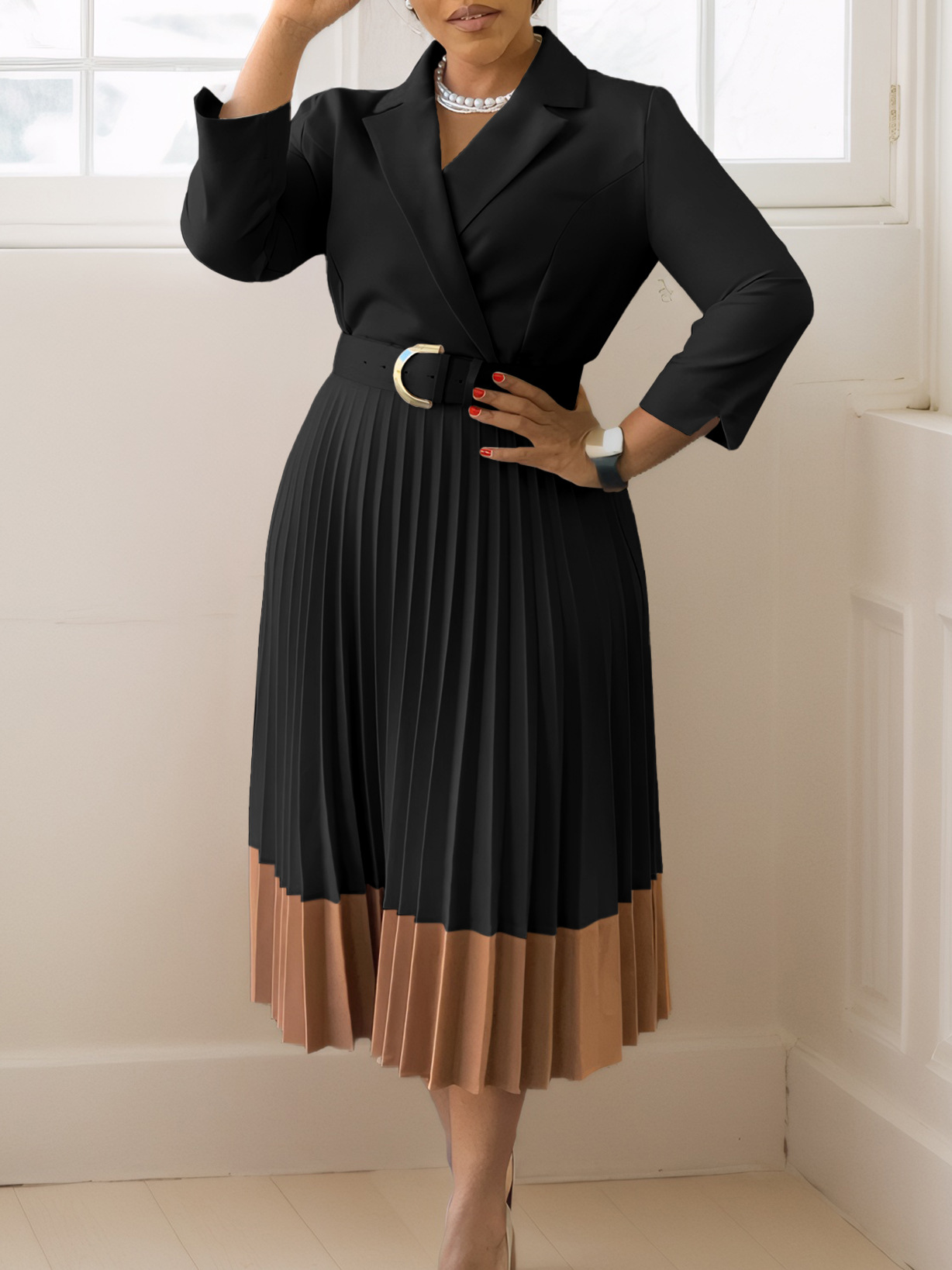 Elegant Colorblock Pleated Hem Midi Dress with Belt 