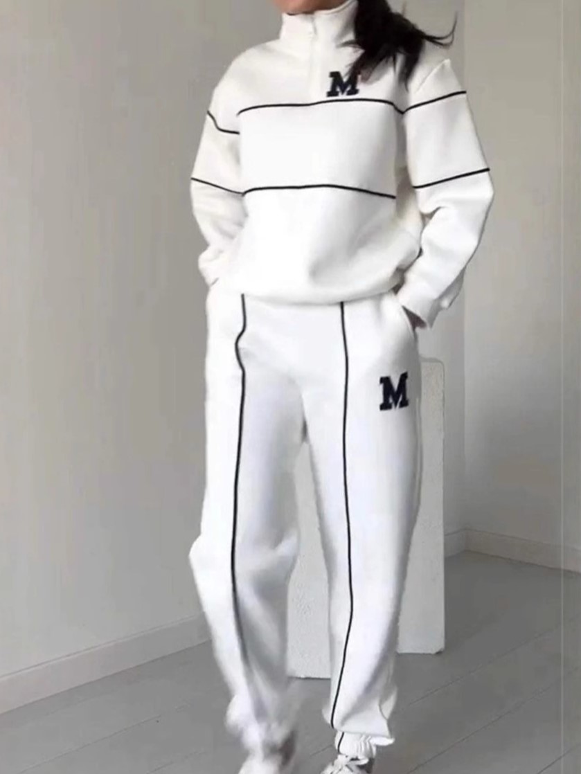 Relaxed Zip Pullover Set with Contrast Trim (Buy 2 Free Shipping)