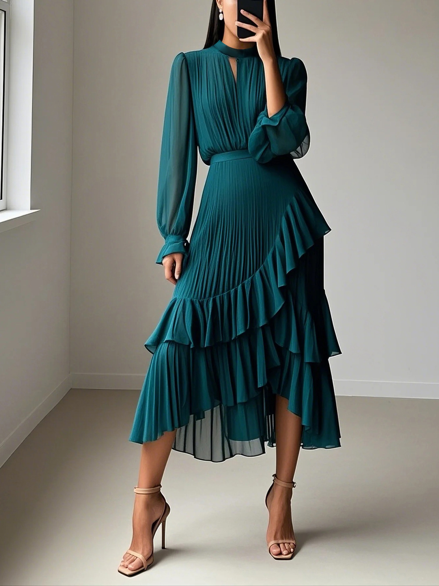 Elegant Pleated Ruffle Asymmetrical Long Sleeve Dress (Buy 2 Free Shipping)