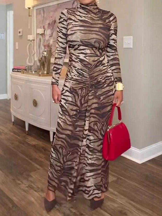 Elegant Mock Neck Ruched Long Sleeve Leopard Dress (Buy 2 Free Shipping)