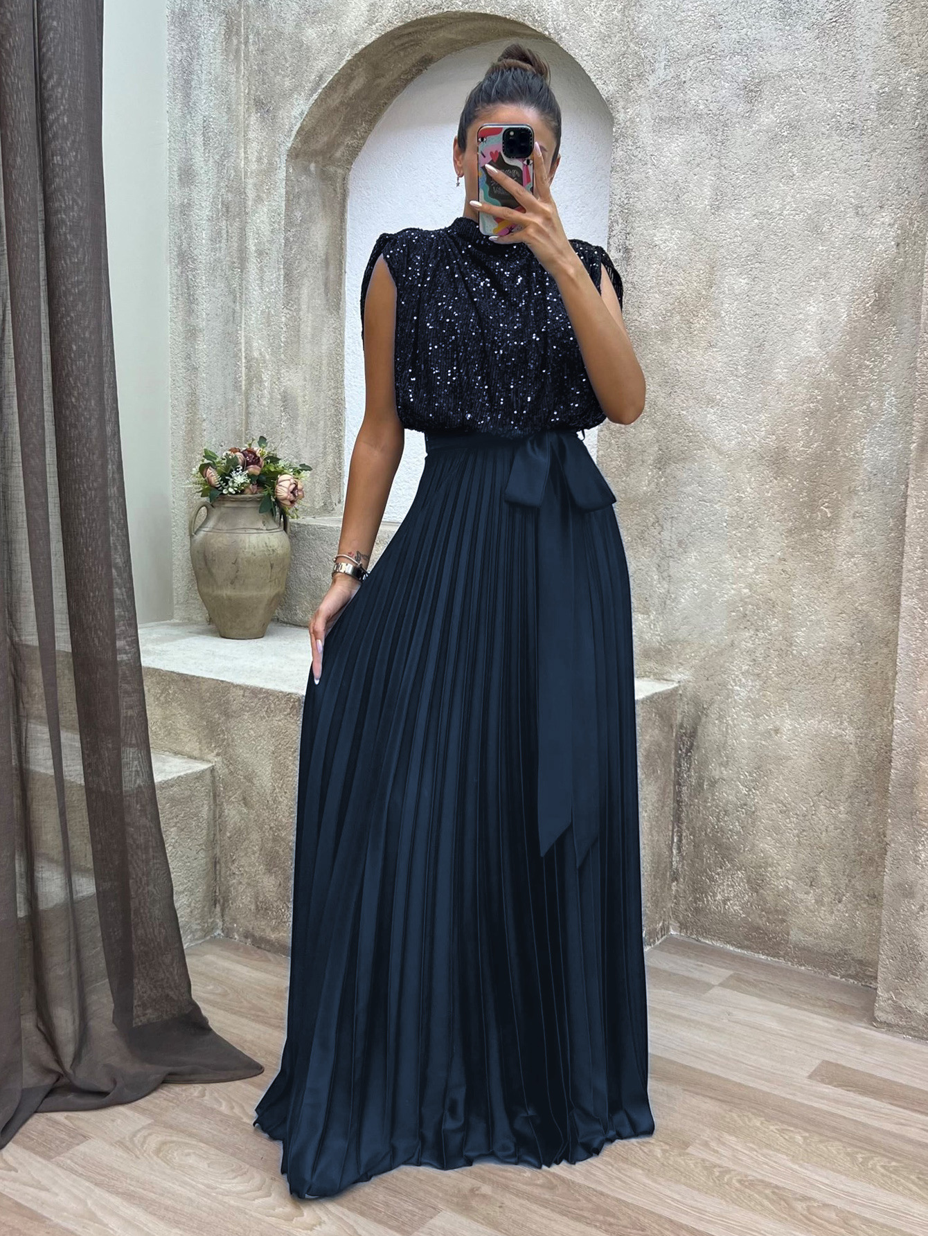 Elegant Sequin High Neck Backless Pleated Maxi Dress (Buy 2 Free Shipping)