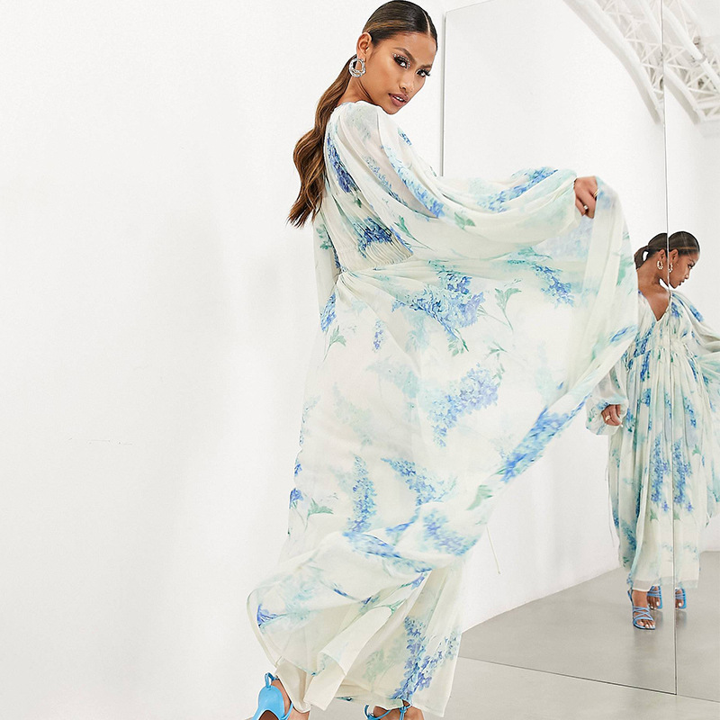Ocean Flower Chiffon Floral Drawstring Waist Maxi Dress