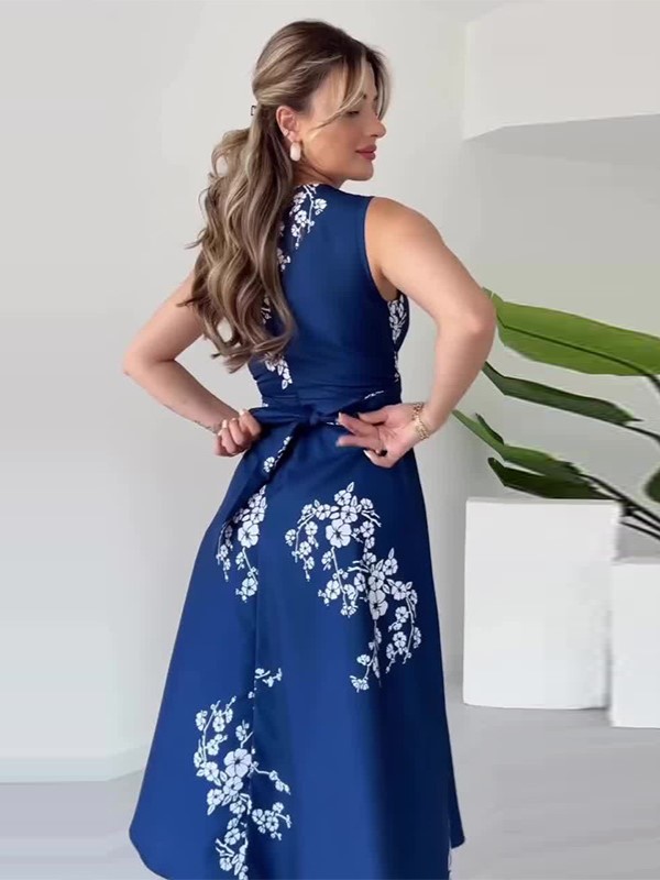 Elegant V-Neck Floral Waist Tie Sleeveless Midi Dress (Buy 2 Free Shipping)