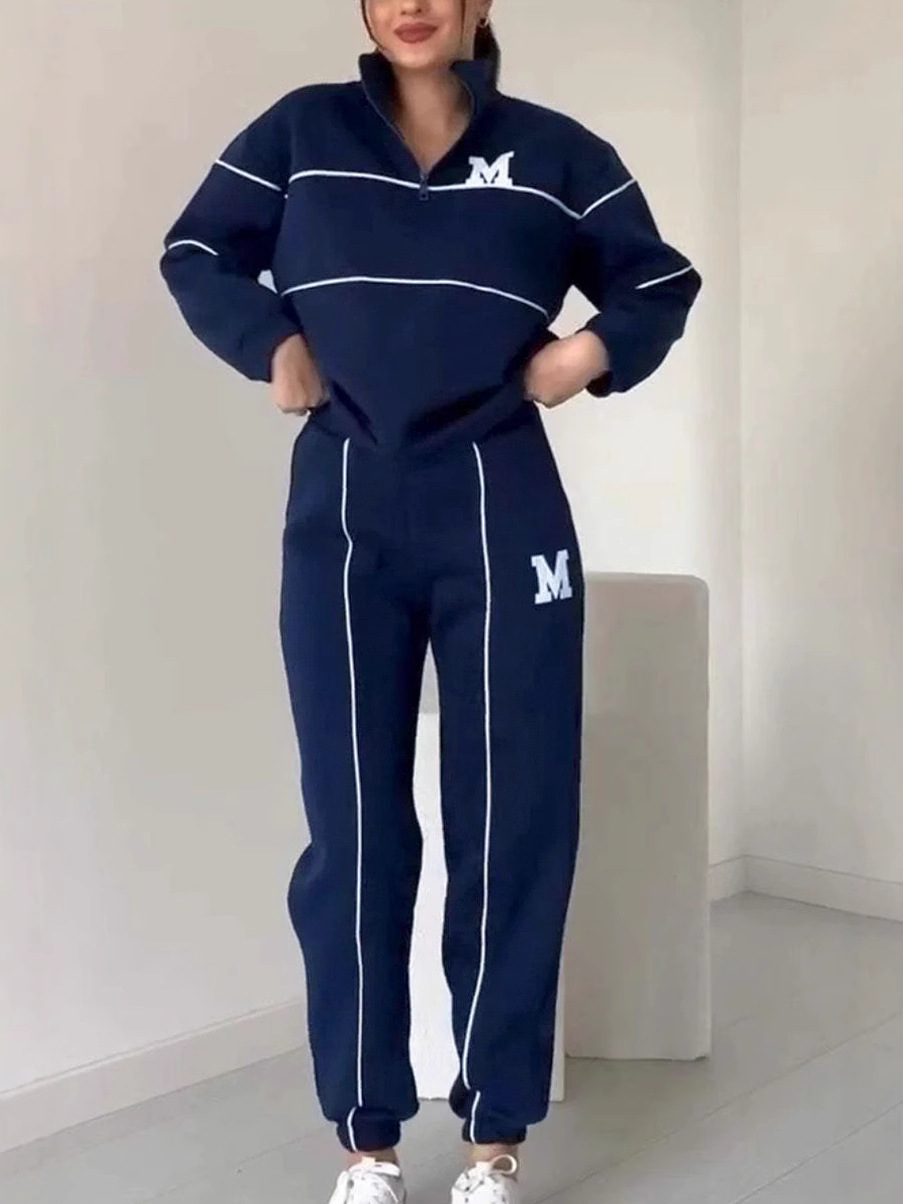 Relaxed Zip Pullover Set with Contrast Trim (Buy 2 Free Shipping)