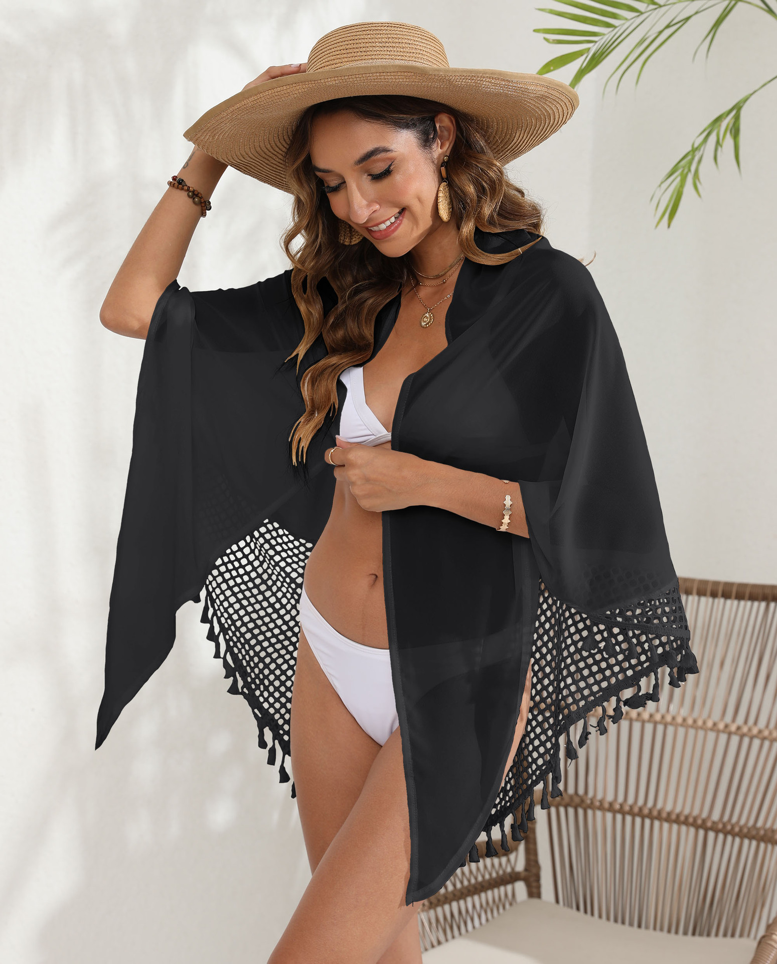 Tassel Trim Mesh Cover-Up Shawl