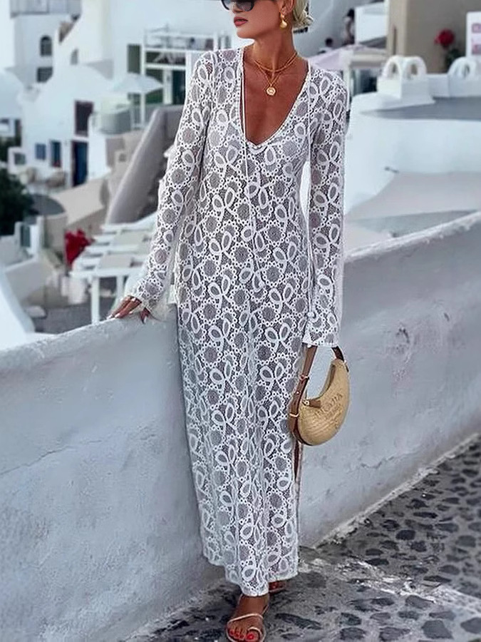 Santorini Sunset Floral Lace Long Sleeve Slit Vacation Maxi Dress (Buy 2 Free Shipping)