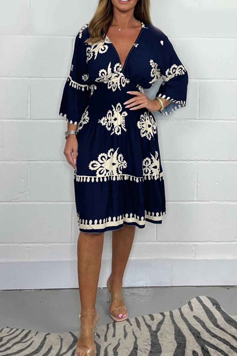 Tribal Embroidered Smocked Waist V-Neck Knee Dress 